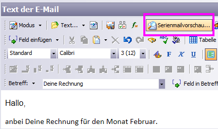 Rechnungen als Anhang einer Serienmail, Text der Serienmail